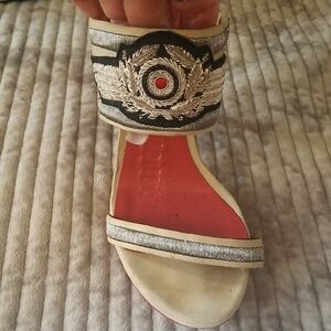 Embroidered Ankle-Cuff Sandal in Red and Cream